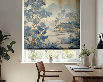 Blue Toile De Jouy Landscape Blackout Roller Shade: Custom Printed Window Blind
