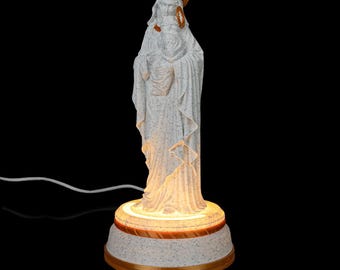 Illuminated Mary and Jesus Statue | Marble-and-Gold Finish, Prayer Decor (3D Printed)