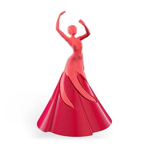 May include: A red sculpture of a dancer with arms raised. The figure is wearing a long, flowing dress with a flared skirt. The sculpture is a solid colour and has a smooth finish.