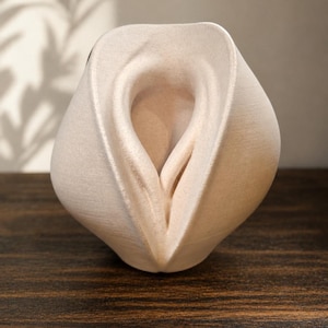 May include: A sculptural ceramic object in a matte off-white finish. The piece features a rounded, organic form with a central vertical opening that creates deep, shadowed folds and curves, resembling the anatomy of a vulva in its design.