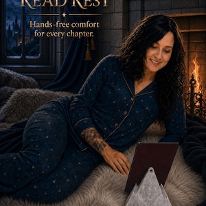 Pode incluir: Um suporte para tablet e livro cinzento em forma de montanha, com um design triangular e um entalhe central. O texto "THE READ REST" e "Hands-free comfort for every chapter" aparece sobre uma pessoa com pijama azul-escuro com estrelas.