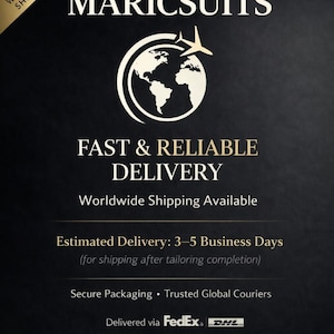 May include: A black graphic sign with the white text MARICSUITS, FAST & RELIABLE DELIVERY, Worldwide Shipping Available, Estimated Delivery: 3-5 Business Days, Secure Packaging, Trusted Global Couriers, and logos for FedEx and DHL with a globe icon.