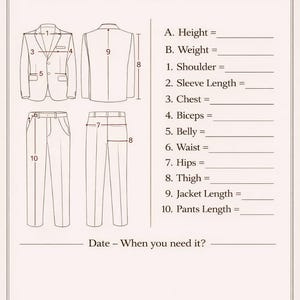 May include: A measurement guide titled MARICSUITS REQUIRED CUSTOM MEASUREMENTS featuring line drawings of a suit jacket and trousers with numbered points for body dimensions including height, weight, shoulder, sleeve, chest, biceps, belly, waist, hips, thigh, jacket length, and pants length.