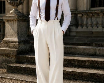 Old Money White Wide Leg Pants for Men, Vintage High Rise Pleated Trousers, Elegant Formal Wedding Pants, Custom Tailored