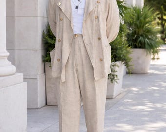 Men's Beige Linen Double Breasted Suit Set – Vintage Style Relaxed Fit Summer Wedding Outfit