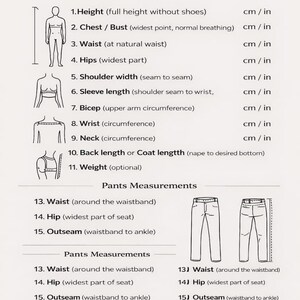 May include: A white measurement request form with black text and line drawings of a human figure, torso, and pants. It lists eleven body measurements, three pants measurements, and fit preferences for slim, regular, or loose, ending with MARICLOTHIG.