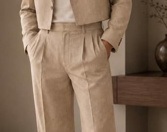 Men's Beige Linen Cropped Suit, 70s Inspired Blazer & Pleated Trousers, Relaxed Fit Summer Wedding
