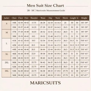 May include: A brown and white suit size chart titled Men Suit Size Chart 28-58 | Maricsuits Measurement Guide. The table lists jacket sizes from S to 3XL with corresponding measurements for chest, shoulder, waist, hip, neck, sleeve, length, and height.
