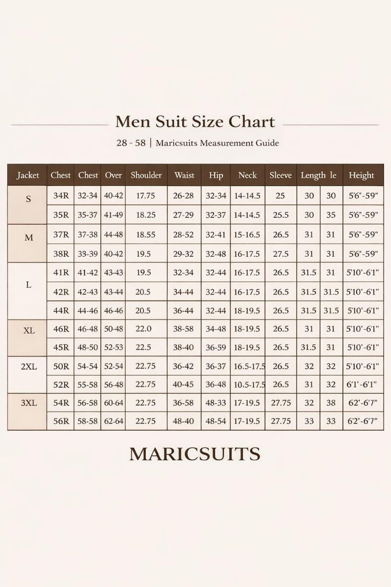May include: A brown and white suit size chart titled Men Suit Size Chart 28-58 | Maricsuits Measurement Guide. The table lists jacket sizes from S to 3XL with corresponding measurements for chest, shoulder, waist, hip, neck, sleeve, length, and height.