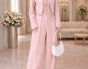 Blush Pink 3 Piece Women Suit Set, Tailored Blazer Vest Wide-Leg Pants, Chic Formal