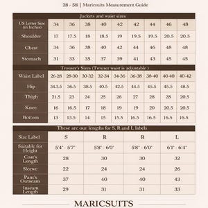 May include: Men's suit size chart with measurements in inches for jackets, waist, and trousers. Includes shoulder, chest, stomach, hip, thigh, knee, and bottom measurements. Also shows sizes for S, R, and L labels.
