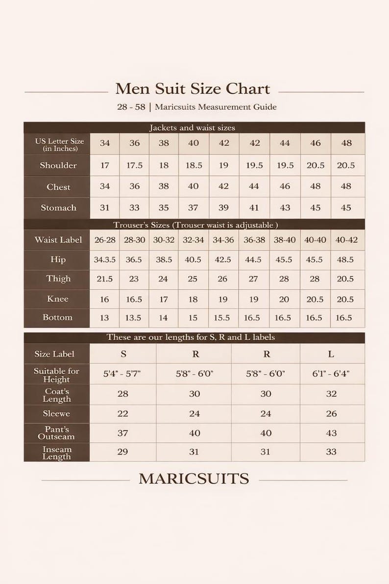 May include: Men's suit size chart with measurements in inches for jackets, waist, and trousers. Includes shoulder, chest, stomach, hip, thigh, knee, and bottom measurements. Also shows sizes for S, R, and L labels.