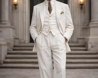 Men's Cream Linen 3 Piece Suit | Vintage Wedding Groom Old Money Style