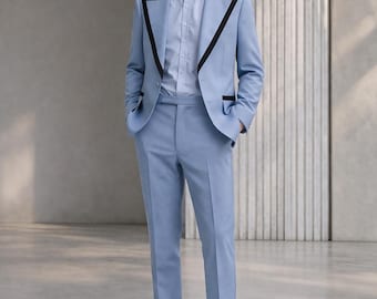 Light Blue Slim Fit Suit with Contrast Lapel | Men's Formal Wedding Prom Outfit