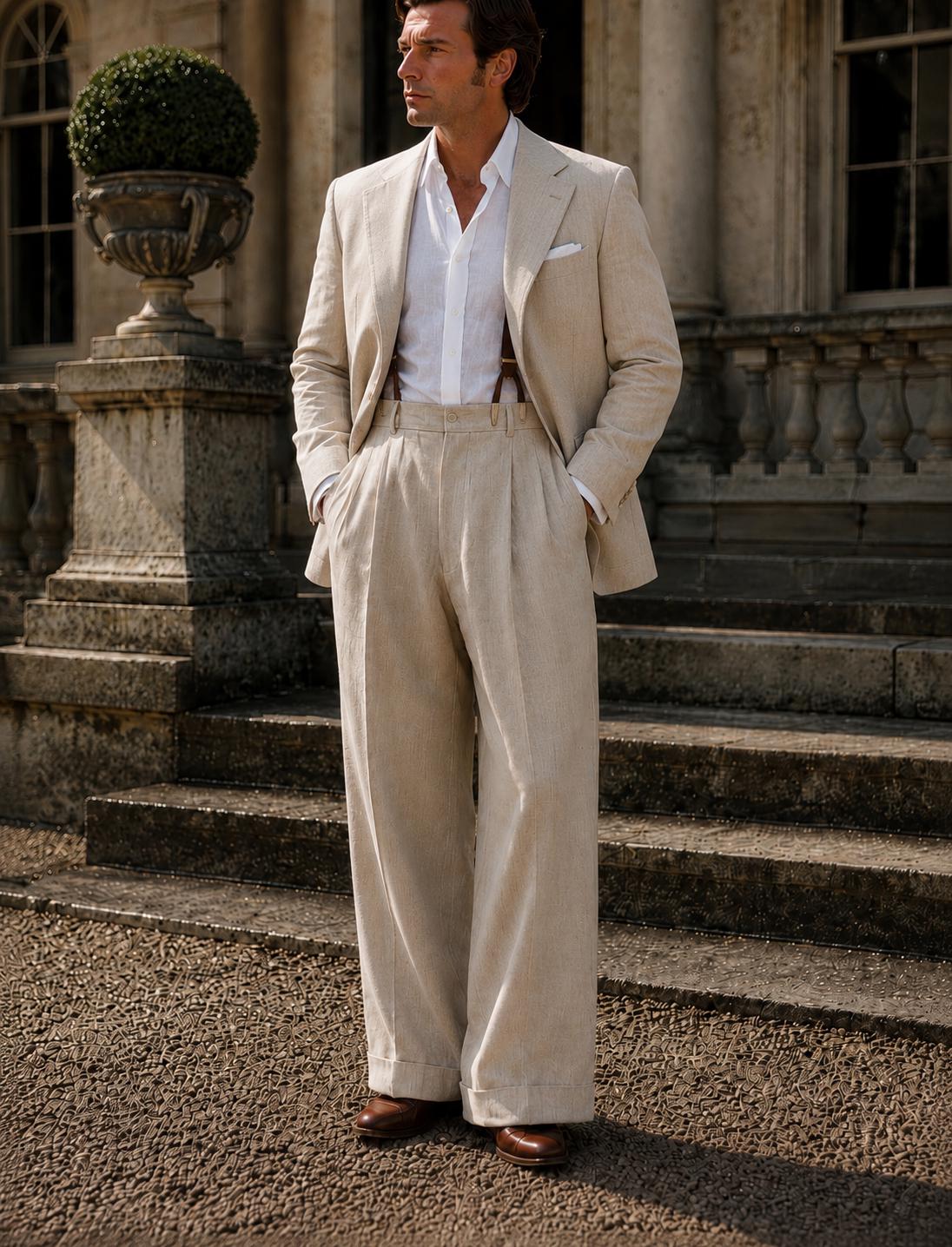 camisa blanca traje de lino beige hombre
