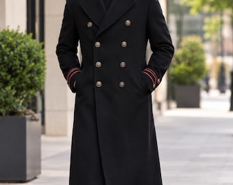 Men's Black Military Overcoat, Double-Breasted Wool Coat, Steampunk Gentleman Style