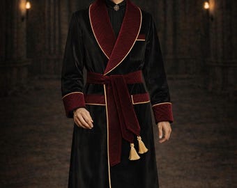 Mens Black Velvet Robe Coat, Burgundy Quilted Lapel Smoking Jacket, Royal Designer Evening CoatBy Maricsuits