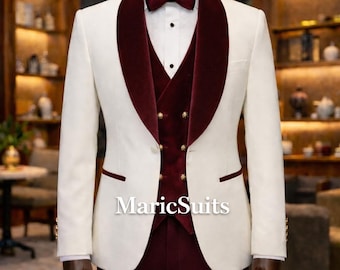 Ivoorfluwelen smokingpak met sjaalrevers, bordeauxrood 3-delig formele herenkleding Maricsuit
