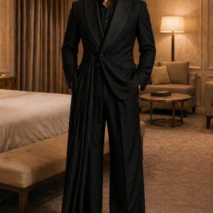May include: A black suit with a unique draped fabric detail on the pants. The suit features a black button-up shirt and a black blazer with a satin lapel. The outfit is completed with black dress shoes. The setting is a well-lit room.