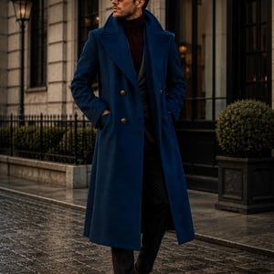 May include: A long, navy blue overcoat with gold buttons. The coat has a wide collar and is worn over a burgundy turtleneck and a gray suit. The image is set outdoors on a wet, cobblestone street.