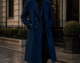Men’s Vintage Style Overcoat | Blue Luxury Winter Trench Coat | Double Breasted Formal Coat