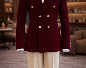 Burgundy Velvet Double Breasted Suit, Men's Formal Wedding Groom Outfit