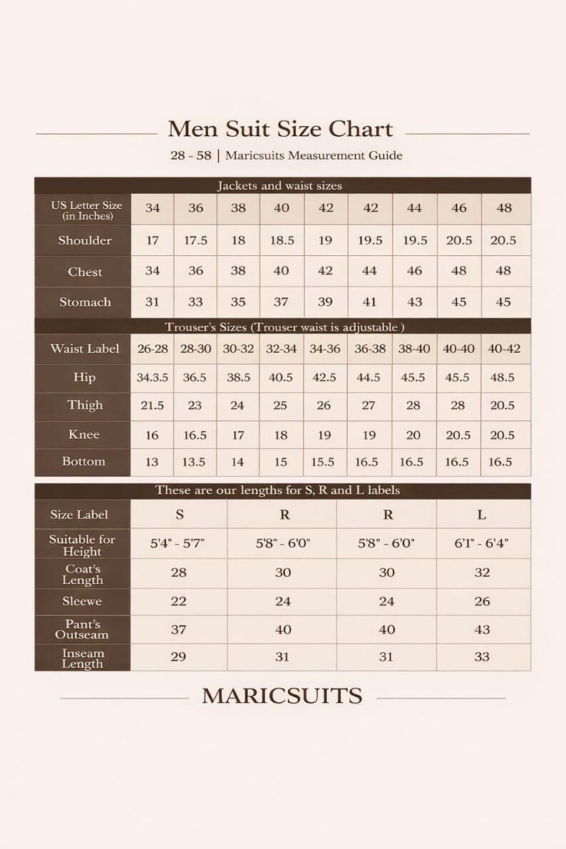 May include: A brown and white suit size chart titled Men Suit Size Chart 28-58 Maricsuits Measurement Guide. The table displays jacket, waist, and trouser measurements in inches, including shoulder, chest, stomach, hip, thigh, knee, and bottom sizes.