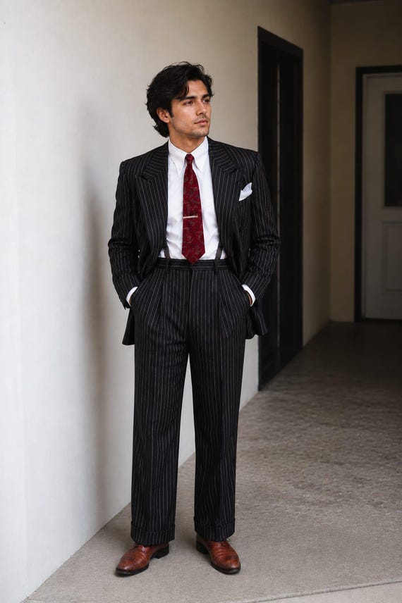 Black Pinstripe Double Breasted Suit for Men, Vintage Inspired Wedding Suit, Classic Gentleman Outfit, Formal Menswear