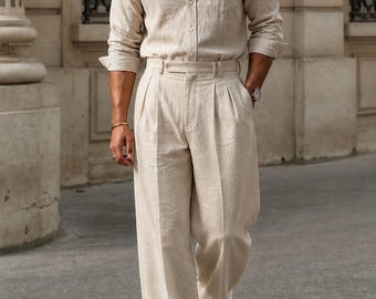Men's Linen Shirt and Pleated Trousers Set, Beige Wide Leg Summer Outfit