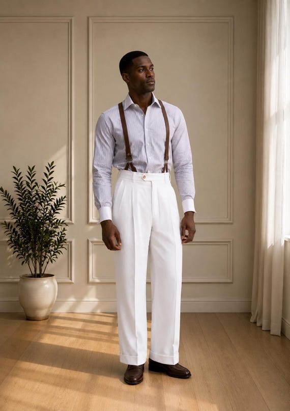 mens linen dress pants White Trousers, High Waisted Pleated Pants, Wide Leg Linen Pants, Vintage Style Menswear Pleated pants Talla:XXL Luxury Classic Solid Teak Wood Dresser Set Bottega Veneta - Denim-Printed 38% Cotton