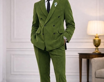 Olive Green Double Breasted Corduroy Suit | Men's Formal Wedding Groom Outfit