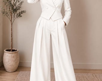 White Linen Pantsuit – Cropped Blazer, Wide Leg Trousers (Custom Fit)