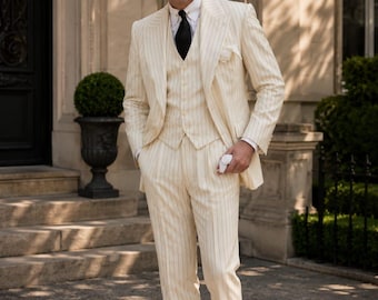 Men’s 1920s White Pinstripe Suit Set, Gatsby Style Three Piece Suit, Vintage Gangster Wedding Outfit, Fedora Inspired Formal Wear