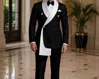 Black White Tuxedo Suit, Asymmetrical Shawl Lapel, Custom Tailored Formal Wear
