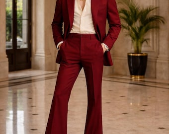 Men's Burgundy Retro Flared Pants Suit, 70s Style Wedding Groom Formal Wear