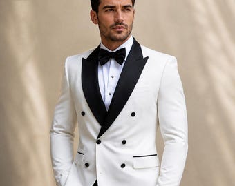 Wit double-breasted smokingpak heren, zwarte satijnen sjaalrevers, bruiloft bruidegom formele kleding