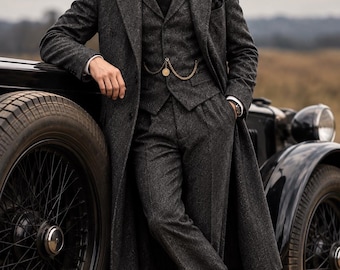 Men's Victorian Paisley 3-Piece Suit with Long Overcoat, Custom Tailored