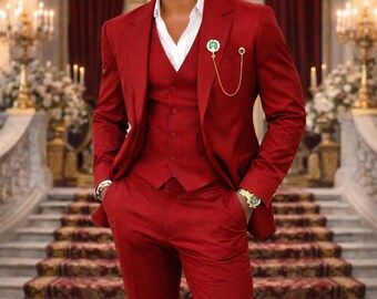 Men's Red 3-Piece Wedding Suit | Royal Palace Slim Fit Formal Outfit