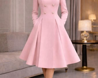 Blush Pink Fit and Flare Coat Dress: Vintage Style Formal Party Gown