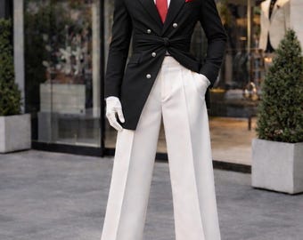 Zwarte blazer heren wit broekpak, moderne formele set, designer statement-outfit