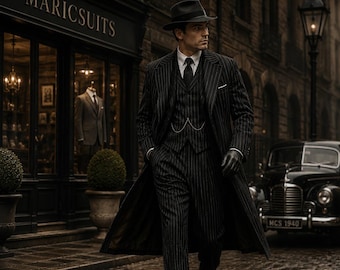 May include: A man in a pinstripe suit, hat, and long coat walks down a cobblestone street. The image features the text "MARICSUITS" at the top and on a storefront. A vintage car is parked in the background.