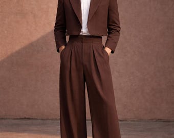 Chocoladebruin pak heren korte blazer hoge taille geplooide broek retro maatpakBy Maricssuits