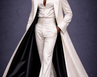 Ivory Satin Groom Suit, Men's Luxury Tailcoat Tuxedo, Flared Trousers Wedding Set