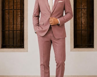 Mens Dusty Rose Wedding Suit, Wine Red Groom Suit, 2 Piece Jacket and Trousers, Custom Groomsmen Suit