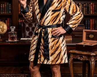 Men’s Luxury Tiger Print Smoking Robe, Black Satin Shawl Collar Dressing Gown, Vintage Gentleman Lounge Jacket, Custom Made