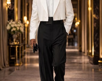 Designer White Cropped Blazer Black Wide Leg Trousers Formal Outfit By Maricsuits