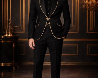 Zwarte smoking heren gouden afwerking – formele slim-fit blazer trouwpak