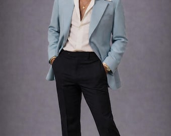 Lichtblauwe retro-stijl herenblazer, vintage geïnspireerd op maat gemaakt jack