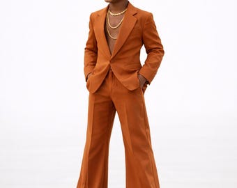 Boys Rust Wide Leg Suit, Kids Wedding Outfit, Retro Formal Party Wear