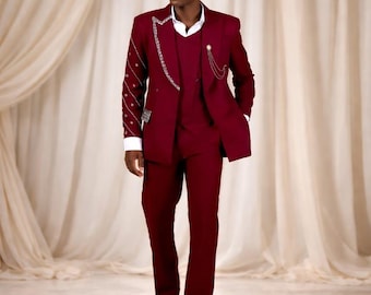 Rood geborduurd smokingkostuum, 3-delige outfit bruiloft bruidegom